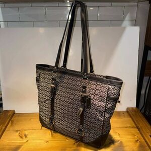 Coach Signature Stripe Gallery Tote Black Gray Canvas Leather Trim Shoulder Bag